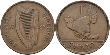 Ирландия 1 пенни 1937 курица с цыплятами KM 3 бронза 4587-1044