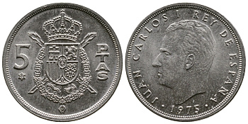 Испания 5 песет 1975 (79) Хуан Карлос I (1975-2014) KM 807 медно-никель 4110-1521