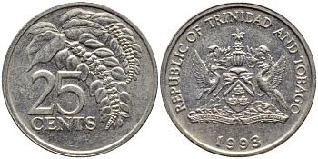 Тринидад и Тобаго 25 центов 1993 цветок дикая пуансеттия KM 32 медно-никель 4396-768