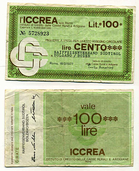 Италия 100 лир 1977 Iccrea spa Roma, RAIFFEISENVERBand SUDTIROL bolzano/BOZEN, 18 февраля 1977 бумага 8588-18-3-1