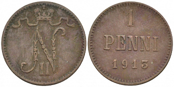 Россия для Финляндии 1 пенни 1913 Николай II (1894-1917) KM 13, Биткин 473 медь 4396-1367