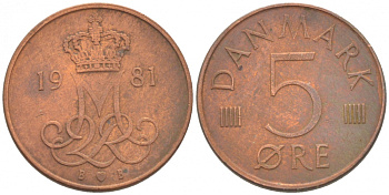 ДАНИЯ 5 ЭРЕ 1981 B; B, МАРГРЕТЕ II (1972-) KM 859.2 железо плакированное медью 3718-347