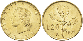 Италия 20 лир 1985 R, дубовый лист KM 97.1 алюминиевая бронза 4525-624