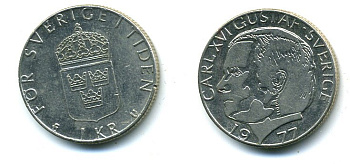 Швеция 1 крона 1977 Карл XVI Густав (1973- ) KM 852 медь плакированная медно-никелем 59-316
