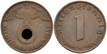 Германия 1 рейхспфенниг 1937 J KM 89, J 361 бронза 4136-1244