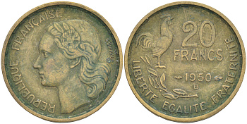 ФРАНЦИЯ 20 ФРАНКОВ 1950 В, 4 ПЕРА KM 917.2, LE FRANC 402.4 алюминиевая бронза 4556-153