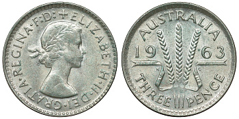 Австралия 3 пенса 1963 m, Елизавета II (1952-2022) KM 57 серебро 71-835