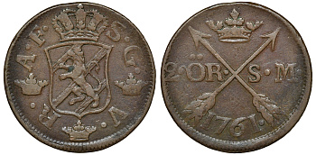 Швеция 2 эре 1761 S.M. диаметр 34 мм, вес 28,3 гр KM 461 медь 4179-323