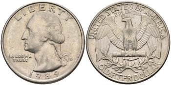 США 25 центов = квотер 1989 D, Вашингтон KM A164a медь плакированная медно-никелем 4584-1251