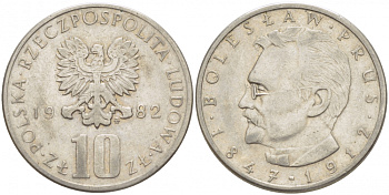 ПОЛЬША 10 ЗЛОТЫХ 1982 MW, БОЛЕСЛАВ ПРУС KM 73 медно-никель 213-823