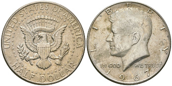 США 1/2 доллара (50 центов) 1967 Джон Кеннеди KM 202a серебро 221-1021