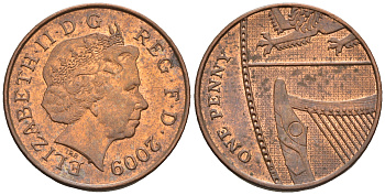 Великобритания 1 пенни 2009 Елизавета II (1952-2022) KM 1107, Spink B6 сталь плакированная медью 4609-653