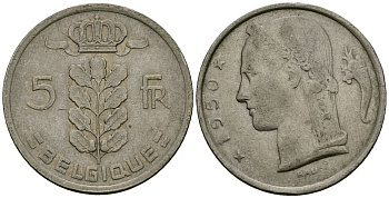 Бельгия 5 франков 1950 BELGIQUE KM 134 медно-никель 4177-1053