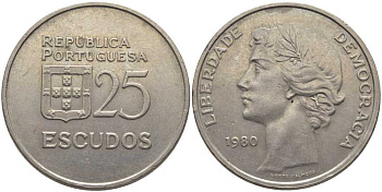 Португалия 25 эскудо 1980 первый год KM 607а медно-никель 109-1044