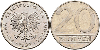 Польша 20 злотых 1990 MW KM 153.2, Parchimowicz 255b медно-никель 59-1542