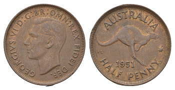Австралия 1/2 пенни 1951 Георг VI (1936-1952), кенгуру KM 42 бронза 4671-442