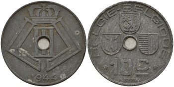 Бельгия 10 сантимов 1944 Belgie - Belgique, Леопольд III (1934-1947), германская оккупация, Вторая мировая война KM 126 цинк 4161-346