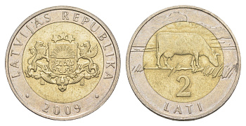 Латвия 2 лата 2009 KM 38 биметалл 4566-1117