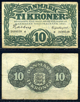 Дания 10 крон 1945 серия d Pick 37 d бумага 6301-44-2-1