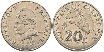 Французская Новая Каледония 20 франков 2007 три быка, (IEOM) KM 12a, Schoen 14a, Lec 115j медно-никель 81-1116