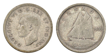 Канада 10 центов 1939 Георг VI (1936-1952) KM 34 серебро 4623-858