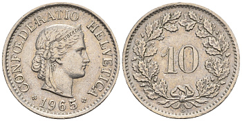 Швейцария 10 раппенов 1965 B KM 27 медно-никель 4609-1018