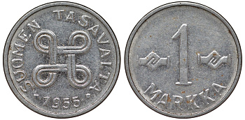 Финляндия 1 марка 1955 KM 36a никелированное железо 4164-131