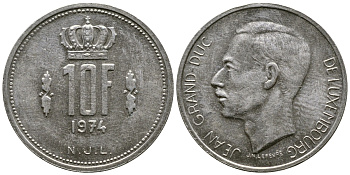 ЛЮКСЕМБУРГ 10 ФРАНКОВ 1974 KM 57 никель 4383-523