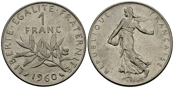 Франция 1 франк 1960 сеятель KM 925 никель 4135-754