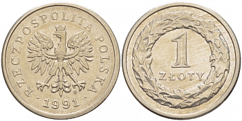 ПОЛЬША 1 ЗЛОТЫЙ 1991 MW KM 282 медно-никель UNC 4523-523