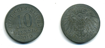 ГЕРМАНИЯ 10 ПФЕННИГОВ 1919 KM 26, J. 299 цинк 54-511