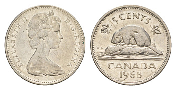 Канада 5 центов 1968 Елизавета II (1952-2022), бобр KM 60.1 никель 4630-715