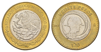 Мексика 20 песо 2013 100 лет Мексиканской армии KM 969 биметалл aUNC 4634-241