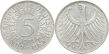 ФРГ 5 МАРОК 1971 D, KM 112.1, J. 387 серебро 1523-412