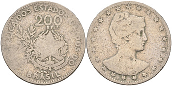 Бразилия 200 рейс 1901 голова свободы вправо KM 504 медно-никель 4589-1056