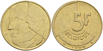 Бельгия 5 франков 1988 Belgique KM 163 алюминиевая бронза 4595-547