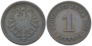Германия 1 пфенниг 1876 В, старогербовка KM 1, J. 1 медь 4385-624
