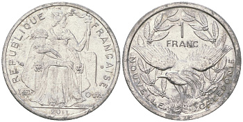 Французская Новая Каледония 1 франк 2011 птица кагу, (IEOM) KM 10, Schoen 10 алюминий 36-357