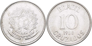 Бразилия 10 крузадо 1988 реформа 1986-1989 KM 607 нержавеющая сталь 202-225