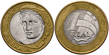 Бразилия 1 реал 2008 KM 652a биметалл 4143-455
