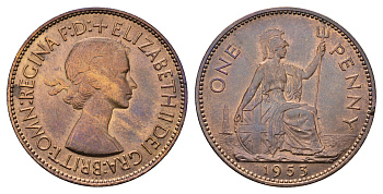 Великобритания 1 пенни 1953 Елизавета II (1952-2022), год-тип KM 883, Spink 4154 бронза aUNC 1531-1431