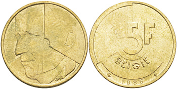 БЕЛЬГИЯ 5 ФРАНКОВ 1986 BELGIE KM 164 латунь или алюминиевая бронза 106-612