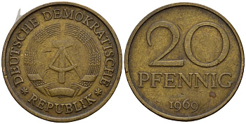 ГДР 20 пфеннигов 1969 A, первый год KM 11 латунь 4601-536