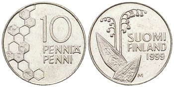 Финляндия 10 пенни 1999 KM 65 медно-никель UNC 4617-1141