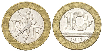 Франция 10 франков 1991 KM 964.1, Le Frank 375.6 биметалл 4629-647