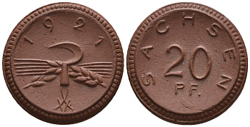 Саксония 20 пфеннигов 1921 колосья и серп J. N 53 фарфор UNC 1094-8-85