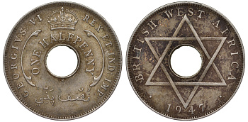 Британская Западная Африка 1/2 пенни 1947 H, Георг VI KM 18 медно-никель 25-1451