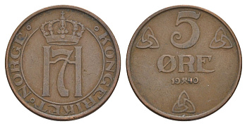 Норвегия 5 эре 1940 Хокон VII (1905-1957) KM 368 бронза 4635-533