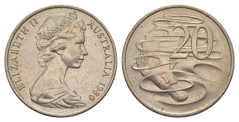 Австралия 20 центов 1980 Елизавета II (1952-2022), утконос KM 66 медно-никель aUNC 4381-521
