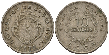 КОСТА-РИКА 10 СЕНТИМО 1972 g KM 185.3 медно-никель 66-549